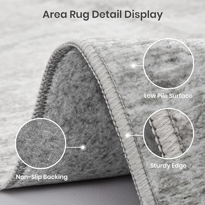5x8 Area Rug Non Slip, Large Washable Rugs for Living Room, Grey | Soft Low Pile, Thin & Lighweight Carpet, Folable Stain Resistant Modern Indoor Floor Mat for Bedroom, Dining Room, Home Decor