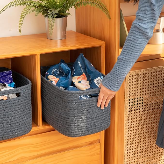 OIAHOMY 4 Pack Storage Baskets for Organizing 15L Cube Storage Bins Blue | Woven Baskets for Storage Rectangle Small Baskets With Handles Baskets for Shelves Wicker Baskets for Shelves 12.7x9x7.8inch