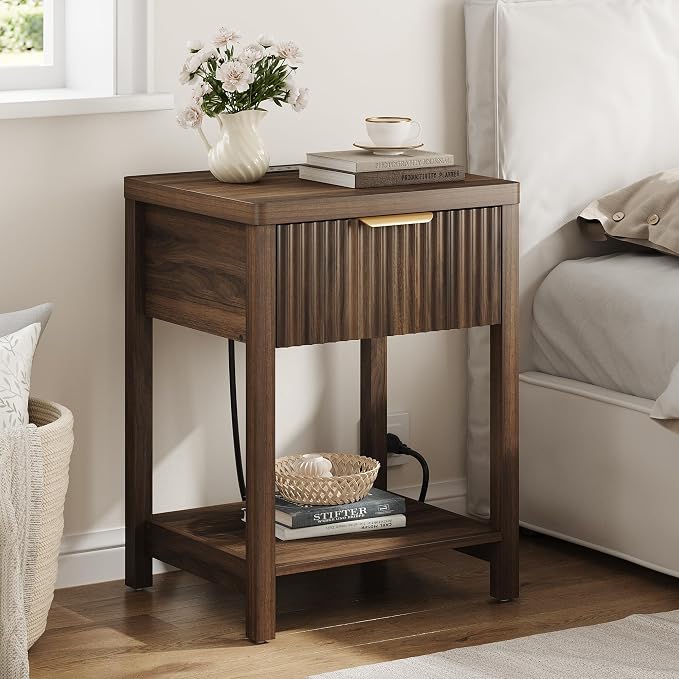 Night Stand Set 2, Fluted Wood Nightstands w/Charging Station for Bedroom | Walnut, Storage Drawer, Open Shelf, Metal Silent Rails, Round Corners, Modern Fluted Panel, Living Room, Bedside Table