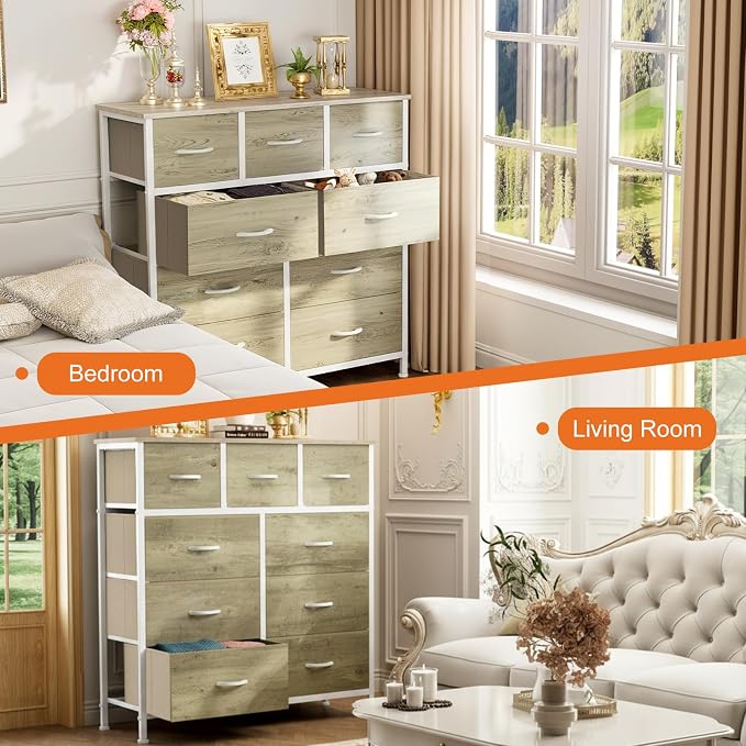 Sweetcrispy 9 Drawer Fabric Dresser Storage Tower Drawer Organizer, Oak | Sturdy Steel Frame with Wood-top, Easy-pull Handle, Space-Saving Organizer Chest for Bedroom, Closet, Lightweight and Stable