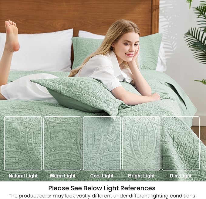 Love's cabin Oversized King Size Quilt Bedding Set Sage Bedspreads - Oversized King Lightweight Bedspread Comforter - Coin Pattern Coverlet for All Season - 3 Pieces (1 Quilt, 2 Pillow Shams)