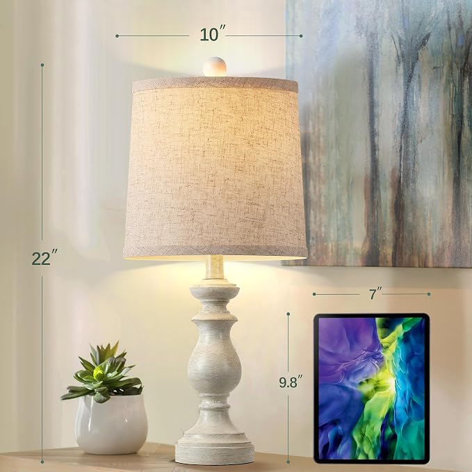 Traditional Table Lamp Set of 2, Rustic Farmhouse Table Lamps for Living Room Bedroom, 22" Bedside Desk Lamps Vintage Nightstand Lamps with Linen Shades, Antique White