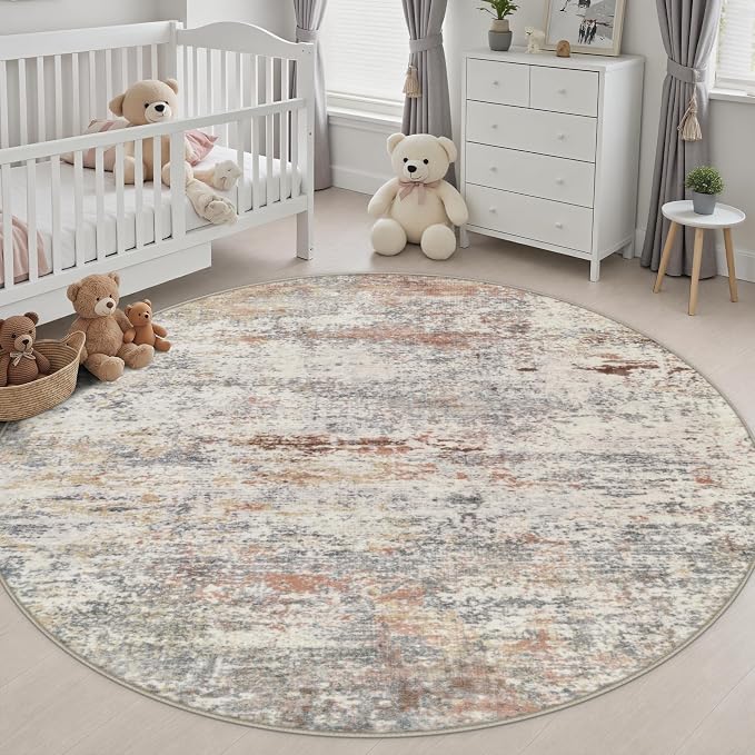 Round Area Rug Living Room: 8 ft Modern Washable Carpet Taupe | For Bedroom Dining Room Farmhouse Nursery Hallway Office,Modern Abstract,Machine washable,Non-Slip,Stain Resistant,Indoor