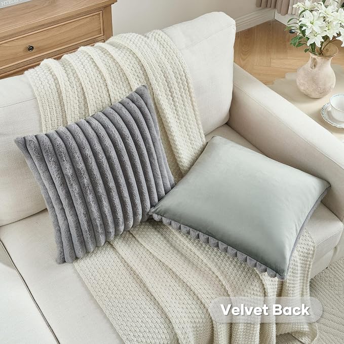 FUTEI Pack of 2 Faux Fur Throw Pillow Covers 24x24 Inch, Grey | Fluffy Faux Rabbit Fur Front/Premium Velvet Back,Hidden Zipper,Machine Washable,Non-Shedding,Colorfast,Insert Not Included.