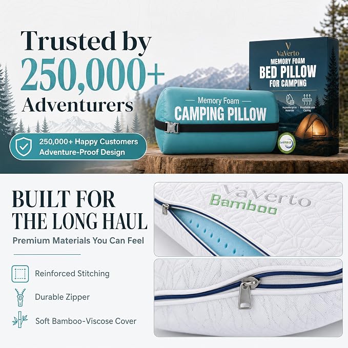 Camping Pillow - Backpacking Memory Foam Travel Pillow 1-Pack | Medium firm memory foam pillow - breathable, machine washable cover - Ideal lightweight small pillow - backpacking & outdoors