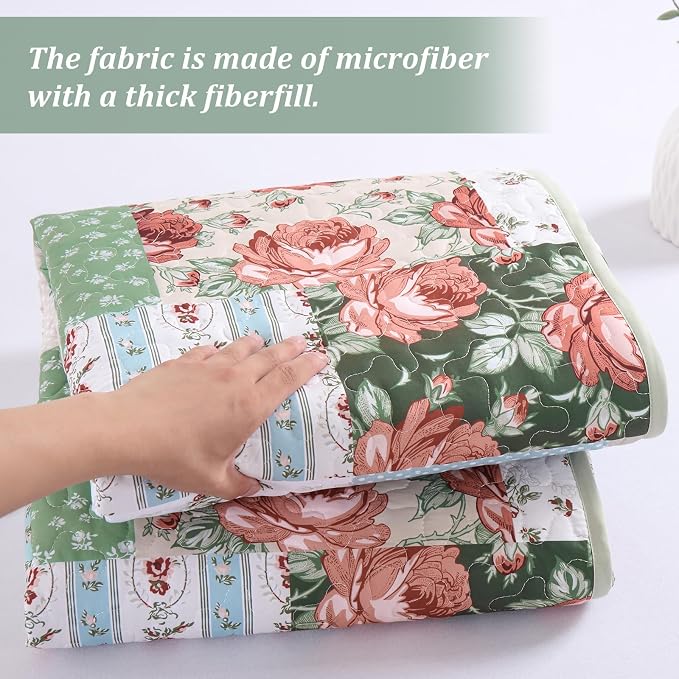 Anibedding Floral Patchwork Quilt Set Queen Size, Red Green Plaid Bedspread | Rustic Floral Boho Coverlet Set, Soft Lightweight Farmhouse Quilt Bedding Set 3 Pieces for All Season, 96''x90''