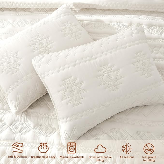 WDCOZY Boho Ivory Quilt King Size Bedding Sets with 2 Pillow Shams, Cream White Farmhouse Lightweight Soft Bedspread Coverlet for All Season, 3 Pieces, 104x90 inches