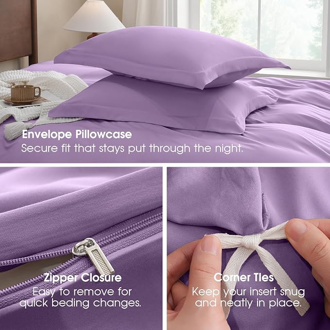 FreshCulture Duvet Cover Full Size - 3 Pieces Microfiber Duvet Cover Set with Zipper Closure - Lightweight & Easy Care - 1 Comforter Cover & 2 Pillow Shams - Comforter Not Included (Purple)