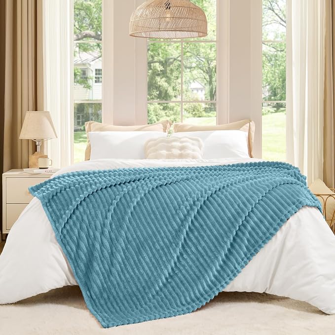 BEDELITE 3D Ribbed Washed Blue Fleece Twin Blanket for Couch, 60x80 Inch | Soft Warm Fluffy Throw Blanket for Bed Sofa College Dorm Room Decor, Luxury Cozy Plush Gifts for Women Girls, Lightweight