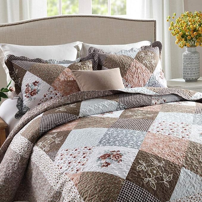 Quilt Bedspread Sets-Checkered Floral Reversible Coverlet Set,King Size