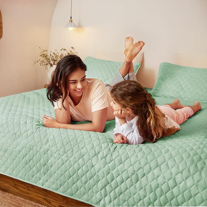Exclusivo Mezcla Reversible King Size Quilt Bedding Set, Light Green | Lightweight Bedspreads with 2 Pillow Shams, Soft Microfiber, All Season Bed Coverlets for Bedroom Guest Room, 104x96 Inch