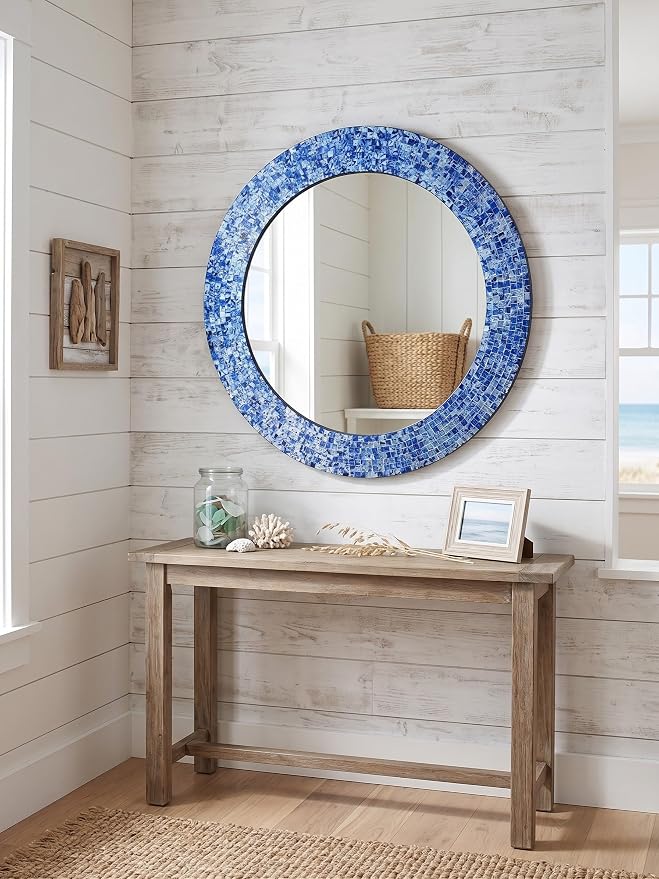 24" Round Mosaic Wall Mirror Sapphire Blue & Silver Glass Tile Frame Handmade Decorative Accent Mirror for Living Room Bathroom Bedroom Entryway Boho Modern Wall Decor