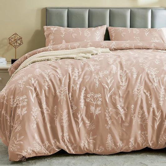 MUXHOMO Duvet Cover Twin/Twin XL Size Set, Reversible Floral Rosy Gold Duvet Cover with Zipper Closure, 2 Pieces Botanical Patterns Soft Bedding Set with 4 Ties (68"x90", 1 Pillow Case)
