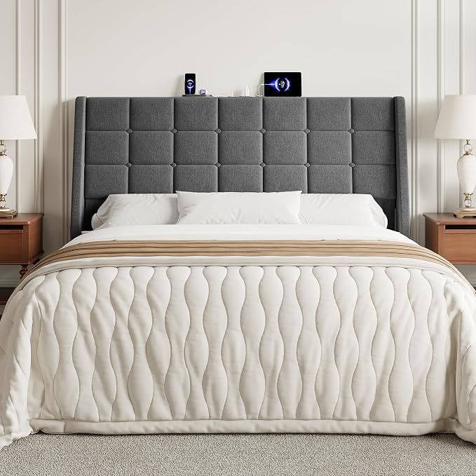 Queen Size Headboard with Charging Station, Wingback Ergonomic Headboards | Wingback Upholstered Bed Head Board with Storage Pocket, Sturdy Stable Solid Wood Headboard, Bed Frame Adapters, Dark Grey