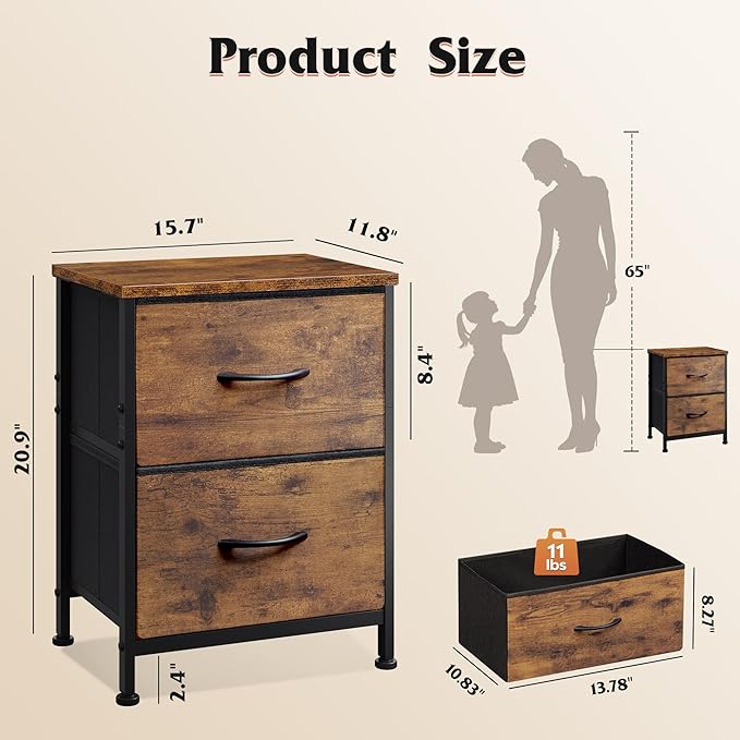 WLIVE Night Stand, Small Dresser with 2 Drawers & Wooden Top, Nightstand with Fabric Bins, Bedside Table End Table for Bedroom, Closet, Entryway, College Dorm, Rustic Brown | Nightstand with Fabric Bins, Bedside Table End Table for Bedroom, Kids Room