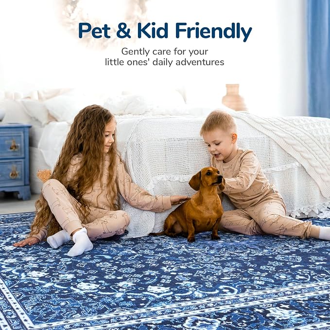 8 x 10 Area Rugs for Living Room, Washable Bedroom Large Rug Blue | Boho Low Pile Rug for Dining Room, Floral Medallion Vintage Carpets with Non-Slip Backing, Kids Pet Friendly, Fit All Vacuums