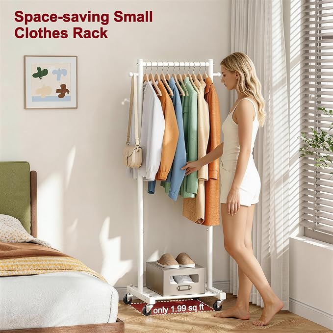 SLEEPING LAMB Small Clothes Racks for Hanging Clothes, Rolling Clothing Rack with Shelves, 60" Metal Garment Rack with Wheels Portable Wardrobe Rack for Small Space, White