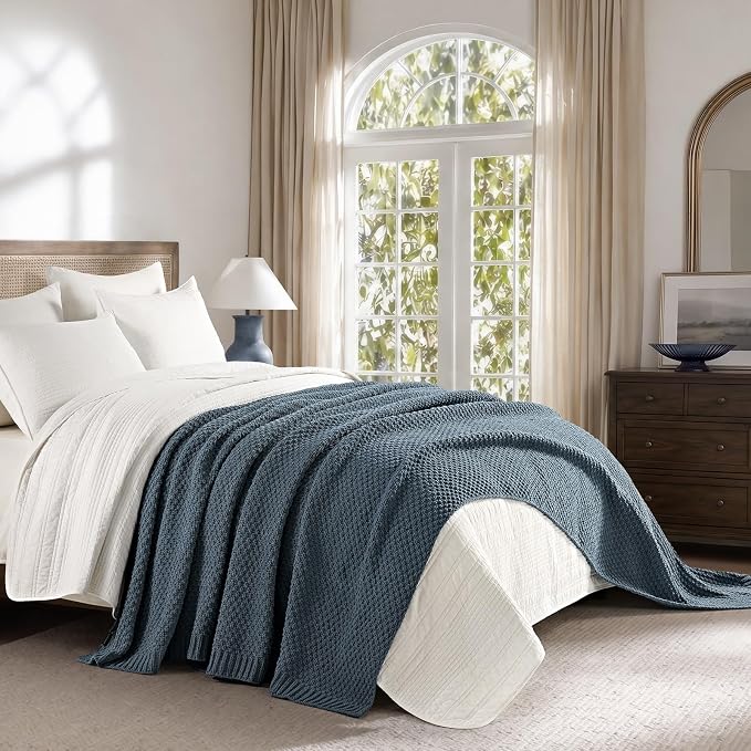 EVERGRACEHOME Chunky Chenille Knit Throw Blanket, 108x92, Stormy Blue | Sculpted Moss Stitch, Chic Modern Farmhouse, All-Season Warmth, OEKO-TEX® Certified, Oversized King for Couch, Bed, Sofa