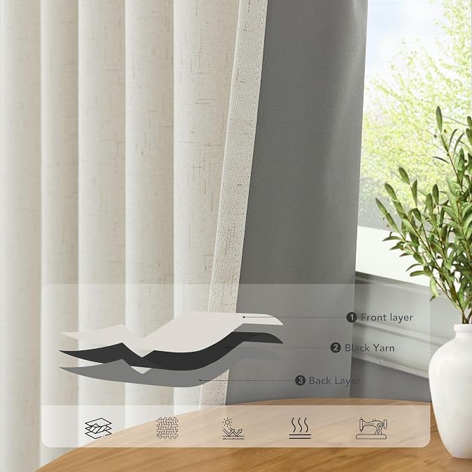 Pitalk 36 x 96 Inch Curtains Linen Blackout Black Out Soundproof Cream Ivory Curtain for Bedroom Livingroom Dining Room Narrow Small Window Drape 36 Inch Wide 96 Inch Long 8 FT Feet 2 Panels Back Tab