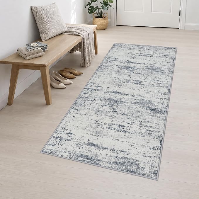 3x8 Washable Runner Rug：Modern Abstract Soft Carpet Blue Grey | For Hallway, Bedroom, Kitchen, Laundry, Bathroom,Door Mat,Modern Abstract,Machine washable,Non-Slip,Stain Resistant,Indoor