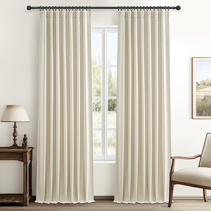 Warm Cream Extra Long Pleated Black Out Curtains 105 Inches Long for Living Room, Natural Linen Blend Patio Door Curtain with Track&Back Tab 2 Panels Set Insulated Privacy Window Drapes (50"Wx105"L）