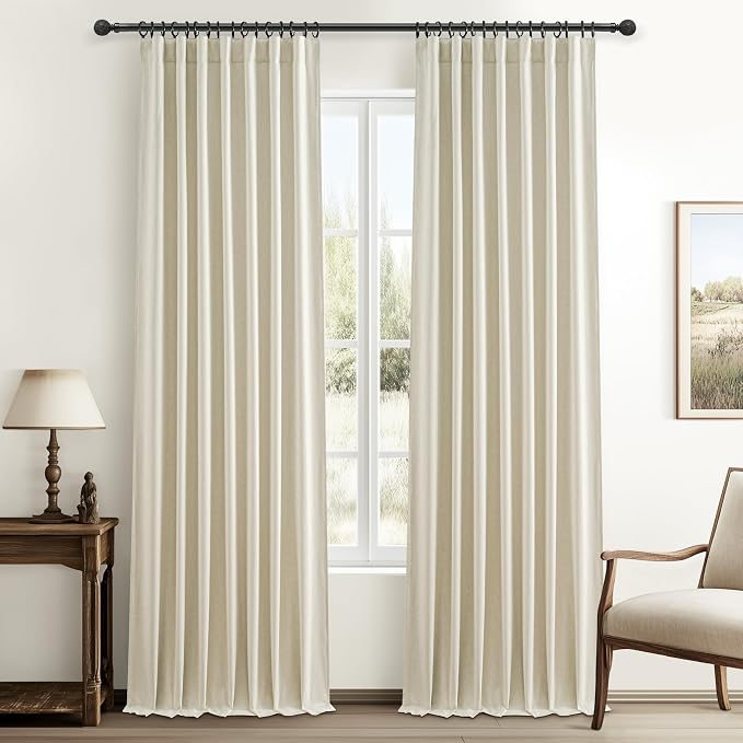Warm Cream Thick Linen Black Out Curtains 100 Inch Long for Living Room 2 Panels Set, Farmhouse Pleated Room Darkening Window Drapes Insulated Privacy for Kids Bedroom 50"W x 100"L (Rod Pocket)