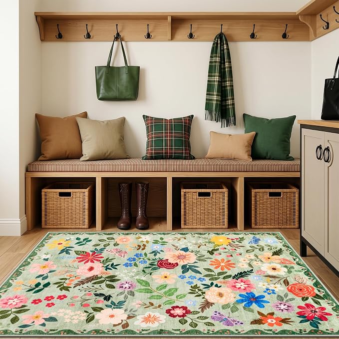 PLHXFR Area Rug Living Room: 3x5 Floral Washable Boho Soft Carpet Green | For Bedroom Dining Room Farmhouse Nursery Hallway,Vintage Floral,Machine washable,Non Slip,Stain Resistant,Large Indoor