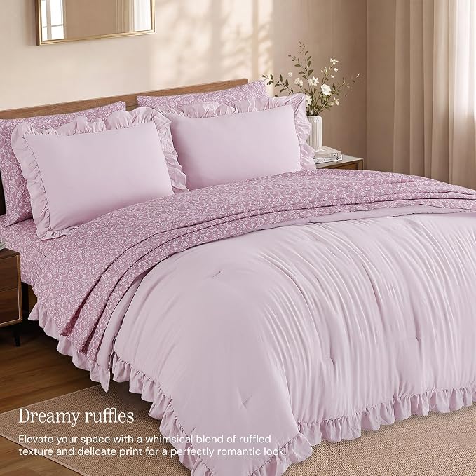 Queen Comforter Set-7 Pieces Ruffle Bedding with Floral Sheet | Mauve Vine Bed in a Bag, Soft Lightweight All Season Farmhouse Queen Bedding Sets with Floral Sheets, Pillowcases & Shams