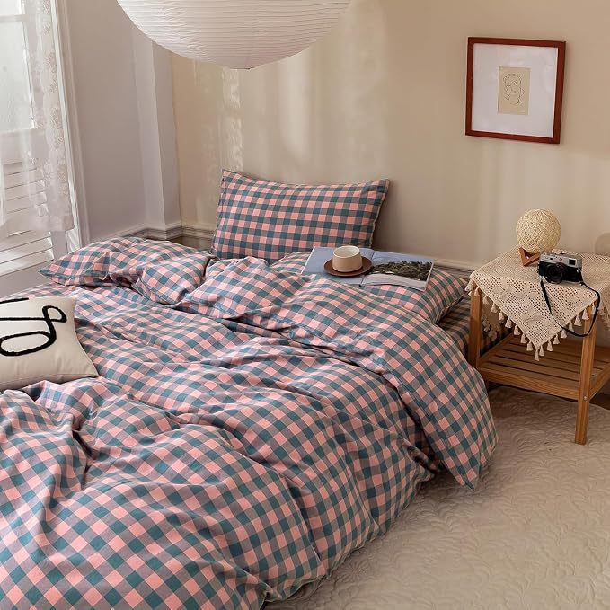 mixinni Plaid Duvet Cover Set King Purple - Soft Washed Cotton Modern Geometric Bedding Set with 2 Pillowcases, Pink Blue Gingham Grid King Duvet Cover for Men & Women, Soft & Lightweight