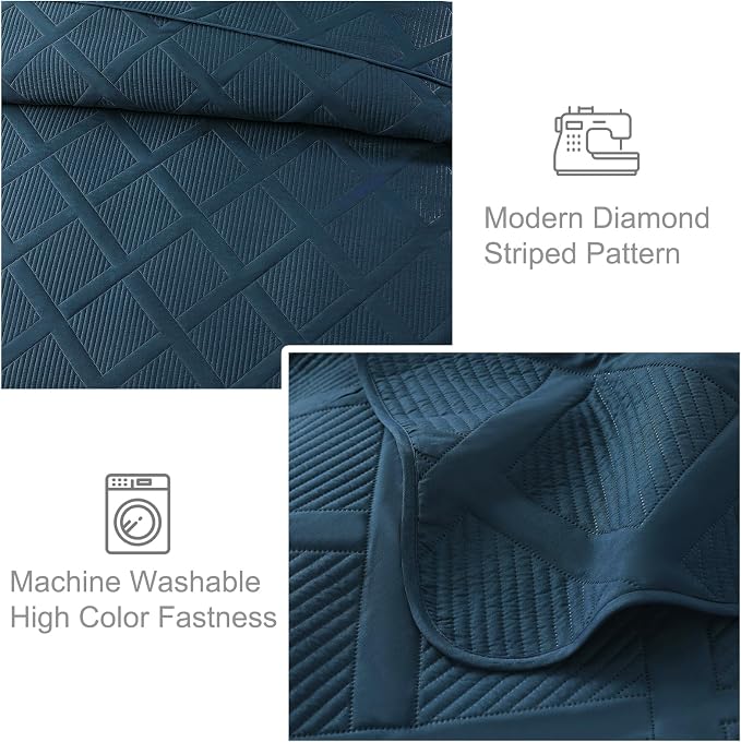 Exclusivo Mezcla Quilt King Size, Navy Blue | Soft Bedspreads with 2 Pillow Shams, Modern Striped Pattern, Lightweight Bedding Set Coverlets for All Seasons, 104x96 Inch