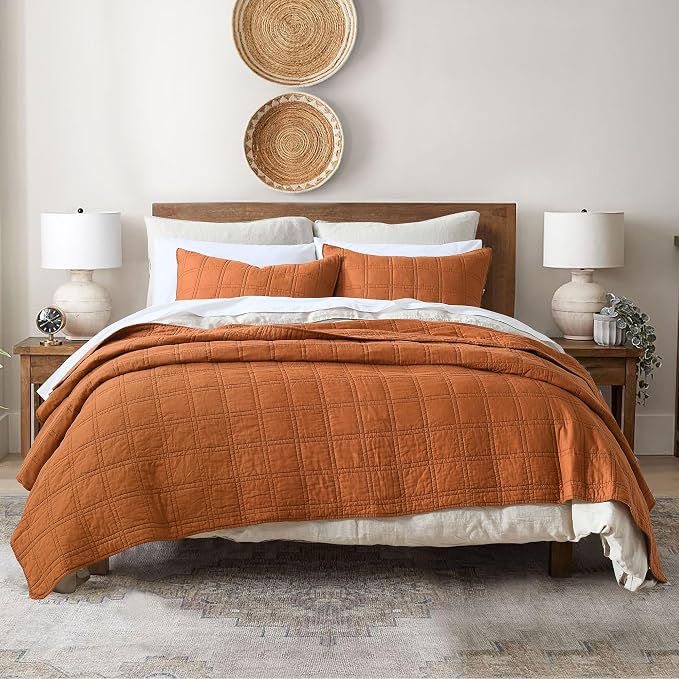 HORIMOTE HOME 100% Cotton Quilt Twin Size Burnt Orange Bedspread, Pre-Washed 2-Piece Cozy Lightweight Stitching Bedding Cover Coverlet Set with 1 Sham in Geometric Pattern for All Season