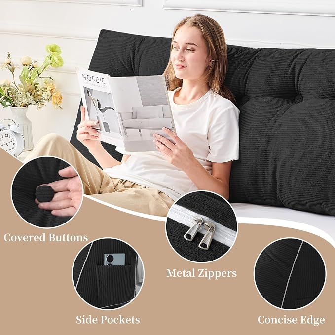 Sasttie Headboard Pillow Queen, Wedge Pillow Headboard, Black | Triangle Backrest Cushion for Sitting or Reading in Bed, Dorm Essentials, OEKO-TEX, Down Alternative Fill, Side Pockets