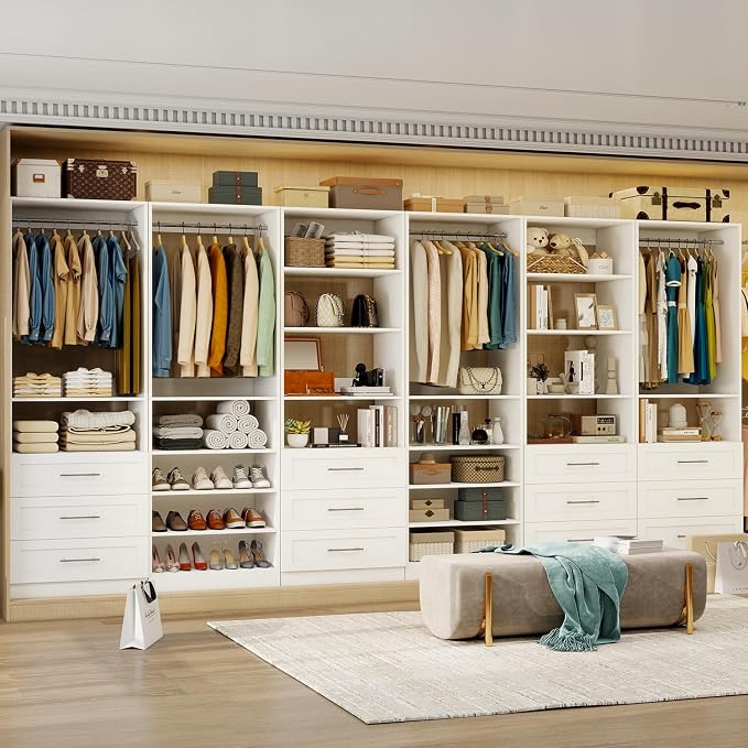 Closet System with 3 Sets, 6–15 FT Closet Organizer System with 6 Drawers, 9 Shelves & 5 Rods, Walk-In Modular Closet System, Custom Built-In Closet Kit, White