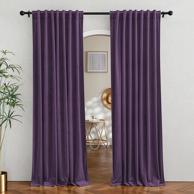 RYB HOME Purple Velvet Blackout Curtains for Bedroom 63 inches Length | Thermal Insulated, Privacy UV Heat Blocking, Luxurious Soft Fabric, Back Tab, Drapes for Nursery Office, W42 x L63, 2 Panels