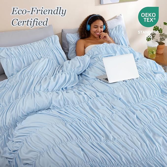 weigelia Light Blue Ruched Comforter Set Twin Size, Cute Girls Bedding Set | All Season, Soft Microfiber Comforter, Cozy Cinched Design for Home & Bedroom Decor (1 Comforter,1 Pillowcase)