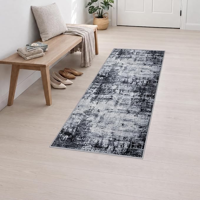 2x6 Washable Runner Rug：Modern Abstract Soft Carpet Dark Black | For Hallway, Bedroom, Kitchen, Laundry, Bathroom,Door Mat,Modern Abstract,Machine washable,Non-Slip,Stain Resistant,Indoor