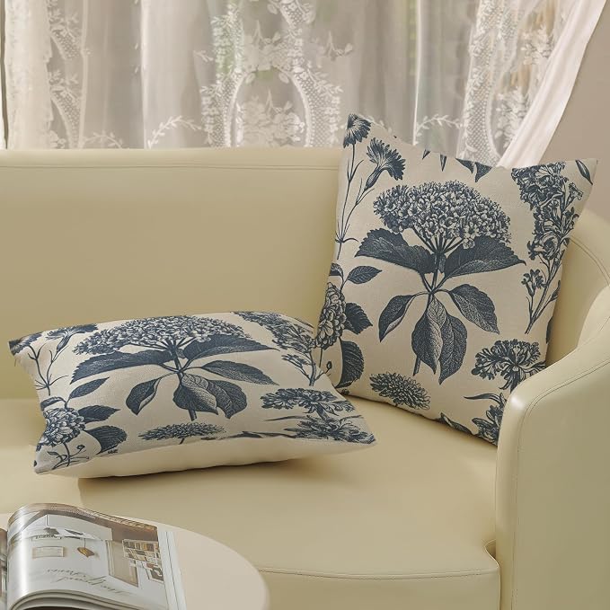Navy Blue Pillow Covers 20x20 Inch 2 Pcs Boho Vintage Floral Decor Throw Pillows Hydrangea Flower Seasonal Outdoor Farmhouse Neutral Accent Decoration Pillowcase Linen Cushion Cover for Couch