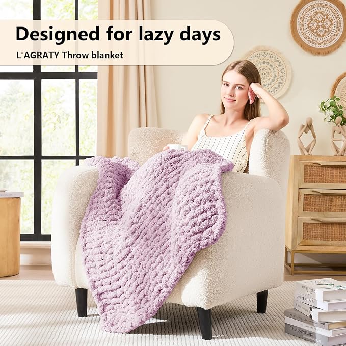 L'AGRATY Chunky Knit Throw Blanket for Couch, 30'' x 40'' Knit Throw, Purple