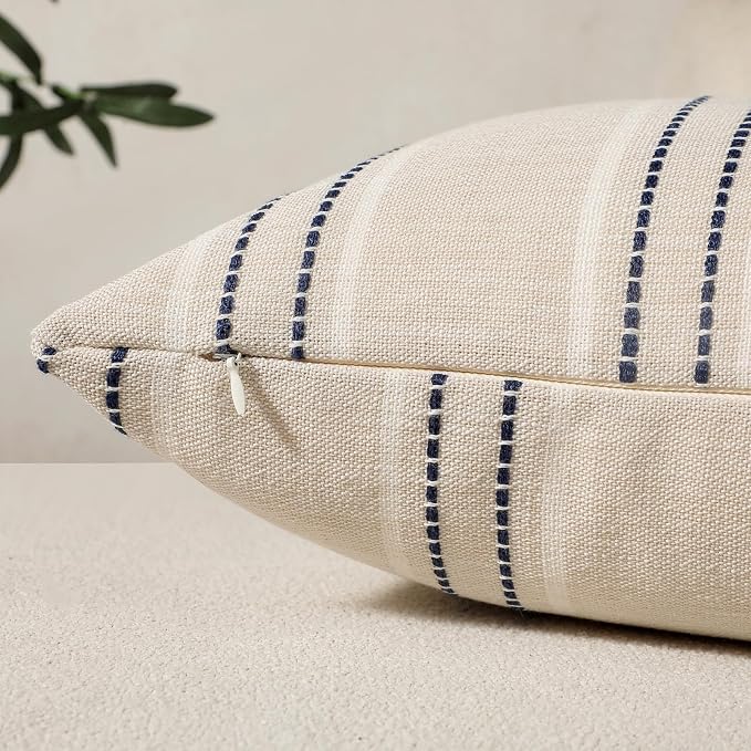 Hckot Navy Blue Striped Throw Pillow Covers 16x16 Outdoor Pillow Covers | Set of 2 Textured Linen Decorative Pillows Square Cushion Covers for Sofa Couch Bed Living Room Farmhouse Decor