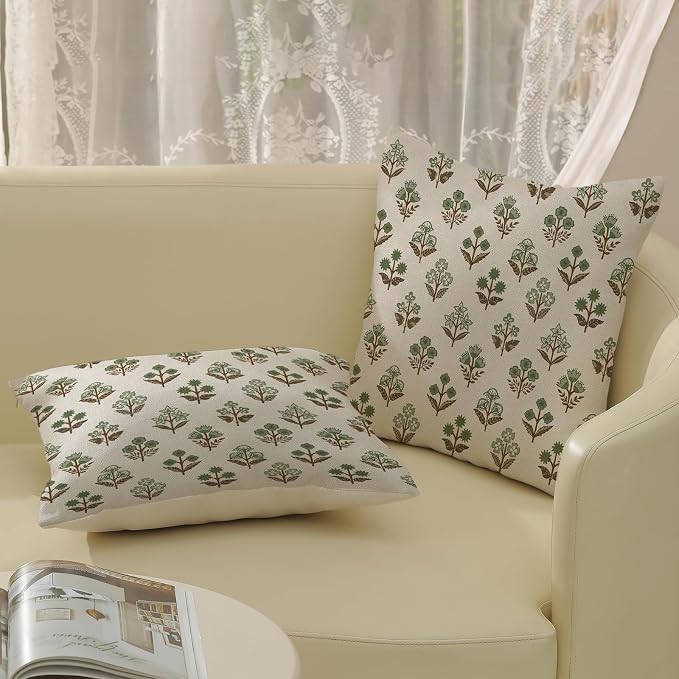 Sage Green Brown Pillow Covers 18x18 Inch 2 Pcs Block Print Vintage Floral Decor Throw Pillows Boho Flower Spring Summer Outdoor Seasonal Decoration Pillowcase Linen Cushion Cover for Couch