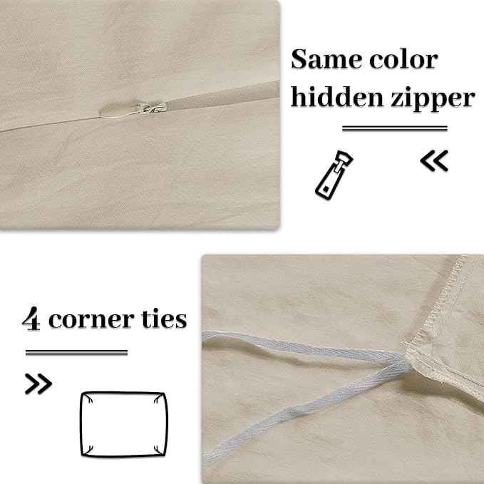 NEXHOME PRO Duvet Cover Set 100% Washed Cotton Full Size Linen Feel Textured Organic Natural 3 Pieces Bedding Set with Zipper Closure and Corner Ties, Breathable(Cream Grey, No Comforter)