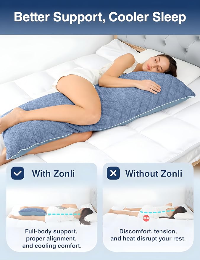 ZonLi Cooling Body Pillow for Adults Side Sleeper & Pregnancy - Memory Foam Insert Long Body Pillow 20 x 54 Inch with Washable Pillowcase, Gift for Men Women Light Blue
