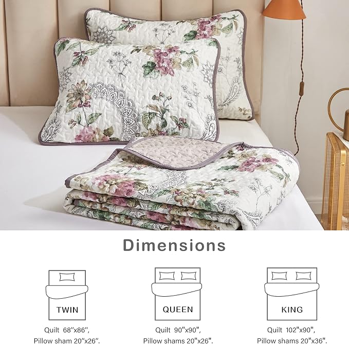 Flysheep 2 Pieces Quilt Set Twin Size, Beige Floral Reversible Bedspread Coverlet Set, Soft Microfiber Lightweight Bed Cover for Kids (68" x 86", 1 Quilt+ 1 Pillow Sham)