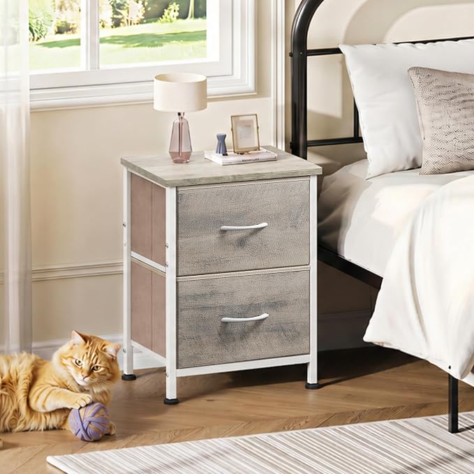 WLIVE Nightstand, 2 Drawer Dresser for Bedroom, Small Dresser with 2 Drawers, Bedside Furniture, Night Stand, End Table with Fabric Bins for Bedroom, Closet, College Dorm, Greige Oak | End Table with Fabric Bins for Bedroom, Sturdy Metal Frame & Adjust...
