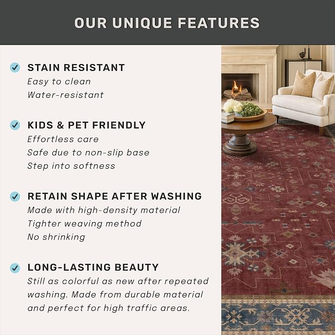 Red 2x8 Long Hallway Runner Rug - Boho Washable Indoor Front Door Mat for Entryway, Non Skid Rugs for Kitchen, Vitange Geometric Floral Low Pile & Soft Runner Carpet