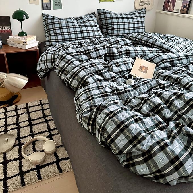Grey Black Plaid Comforter Set Twin XL, 3 Pieces Modern Style Grid Comforter with 2 Pillowcases, Vintage Plaid Checkered Comforter for All Seasons, Soft Breathable Farmhouse Gingham Bedding Set