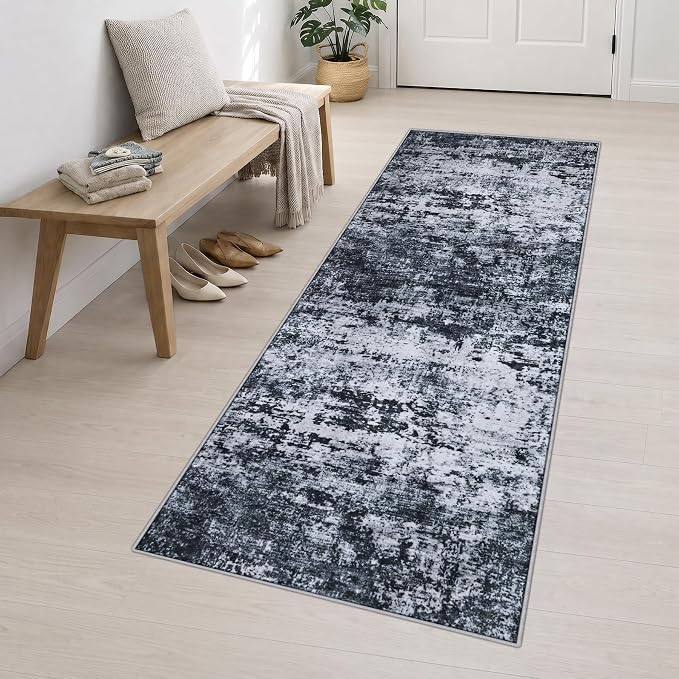 3x10 Washable Runner Rug：Modern Abstract Kitchen Carpet Black | For Hallway, Bedroom, Kitchen, Laundry, Bathroom,Door Mat,Modern Abstract,Machine washable,Non-Slip,Stain Resistant,Indoor