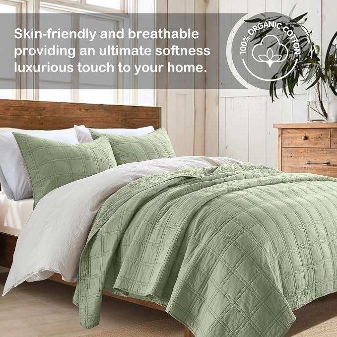 HORIMOTE HOME 100% Cotton Quilt Set Queen Size, Sage Green Pre-Washed Bedspreads Coverlet Set in Geometric Pattern, Cozy Lightweight Stitching Decorative Bedding Cover with 2 Shams for All Season