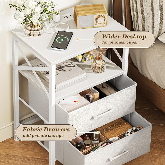 Huuger Nightstand Set of 2 with Charging Station, USB-C Port, End Tables | Night Stand with 2 Drawer Side Table with Open Shelf, Bedside Table for Small Spaces, X Shaped Side Rail, White