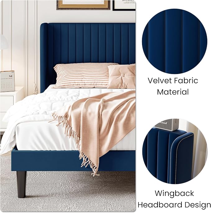 SHA CERLIN King Size Velvet Bed Frame, Tufted Wingback Headboard, Blue | 47'' Modern Vertical Channel Headboard, Upholstered Platform Bed, Wood Slats, No Box Spring Needed, Easy Assembly, Noise Free